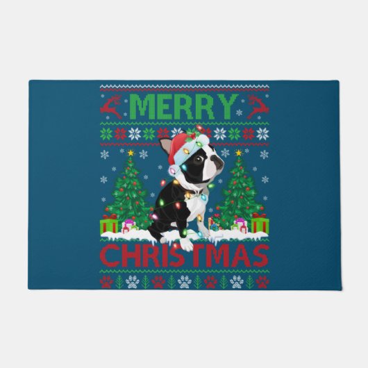 Paillasson Joyeux éclairage de Noël laide Boston Terrier Chri (Devant)