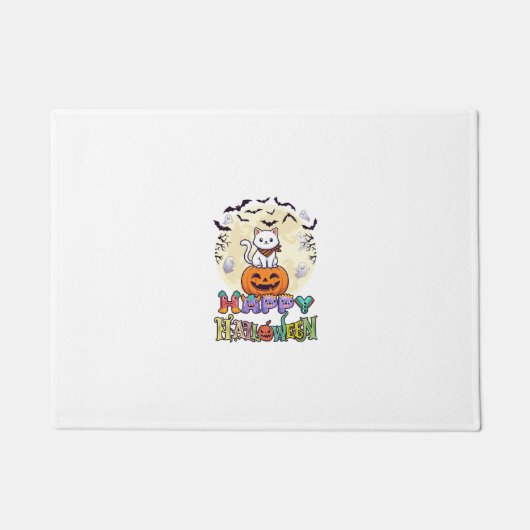 Paillasson Joyeux Halloween Chat Blanc Citrouille Lune Chauve (Devant)