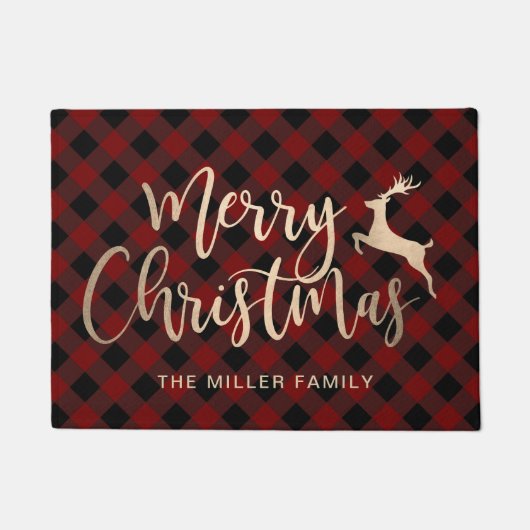 Paillasson Joyeux Joyeux Noël Or Noir & Rouge Plaid (Devant)