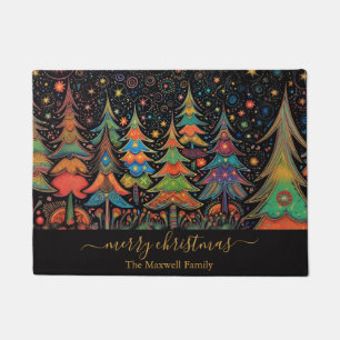 Paillasson Joyeux Noël Arbres colorés nom de famille