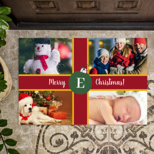 Paillasson Joyeux Noël Famille Photo Rouge Vert Monogramme