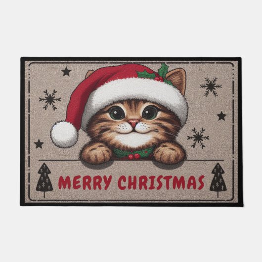 Paillasson Joyeux Noël Mischievous Tabby Chat, Noël Kitten (Devant)