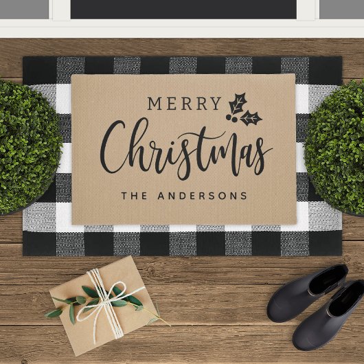 Paillasson Joyeux Noël Nom de Famille Script Rustique Brun