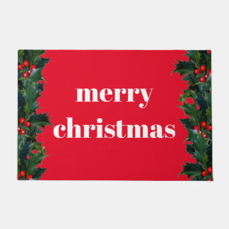 Paillasson Joyeux Noël Red Holly Bordure Bienvenue Mat