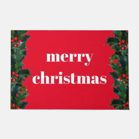 Paillasson Joyeux Noël Red Holly Bordure Bienvenue Mat (Devant)