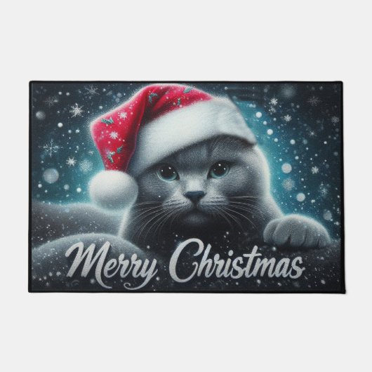 Paillasson Joyeux Noël Russe bleu Chat, Noël Père Noël Chat (Devant)