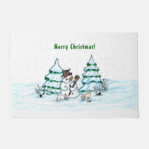 Paillasson Joyeux Noël ! Snowman avec chat et chiot