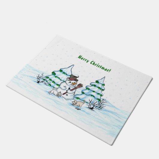 Paillasson Joyeux Noël ! Snowman avec chat et chiot (Incliné)