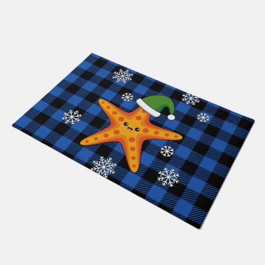 Paillasson Kawaii Xmas Starfish sur Blue Buffalo Motif (Incliné)