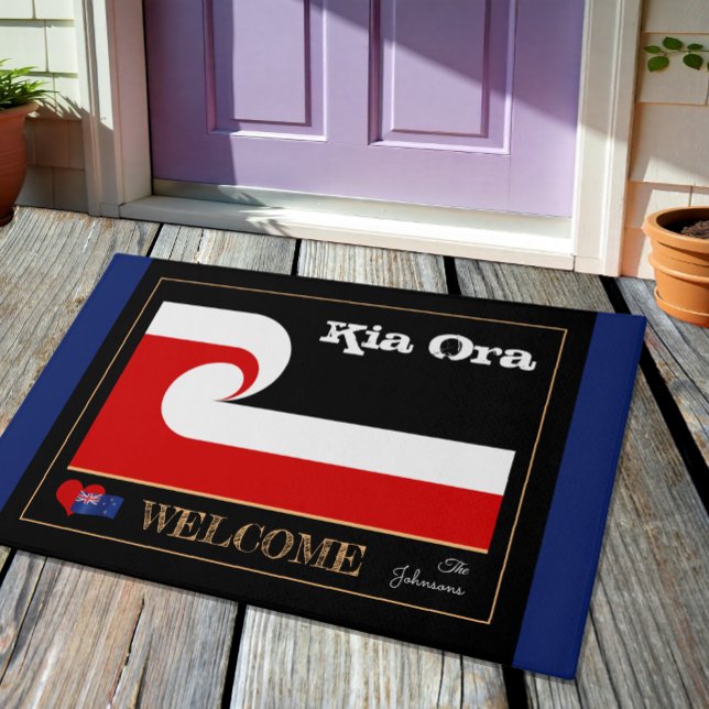 Paillasson Kia Ora & Maori Wave Drapeau mat, rugby NZ /blu (Créateur téléchargé)