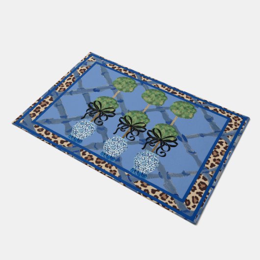 Paillasson Leopard Bleu Bambou Chinoiserie Ginger Jar Doormat (Incliné)