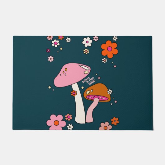 Paillasson Les années 70 Champignons Rétro Et Fleurs Bleu Mar (Devant)