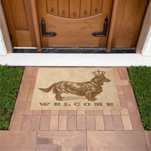 Paillasson Long Haired Daschund Chien W/ Couronne Vintage (De plein air)