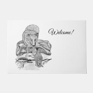 Paillasson Loup et corbeau - Design noir et blanc