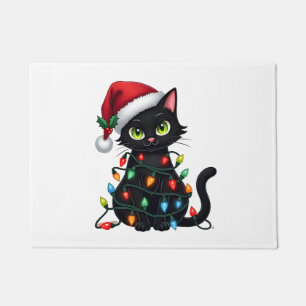 Paillasson Lumières de Noël Chat Noir Chapeau de Père Noël Dr