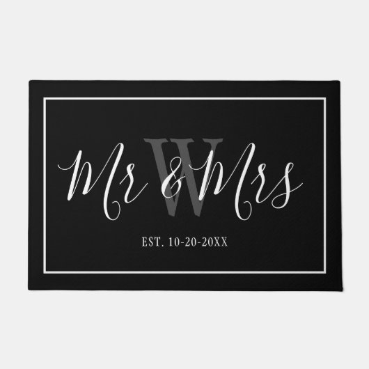 Paillasson M. et Mme Black White Script Monogramme personnali (Devant)