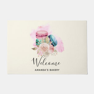 Paillasson Macarons et fleurs colorés Aquarelle Bienvenue