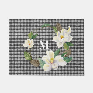 Paillasson Magnolia florale monogramme Chèque noir et blanc