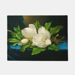 Paillasson Magnolias géant sur un tissu de velours bleu (tête