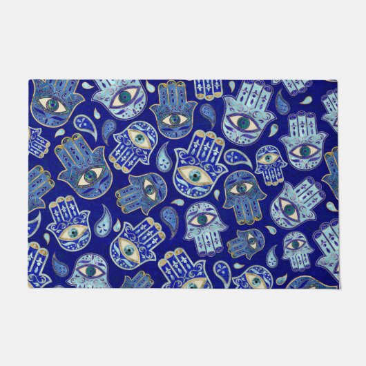 Paillasson Main Hamsa - Main de Fatima motif Minéraux Bleus (Devant)