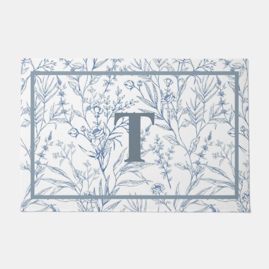 Paillasson Maison Bleue Blanc Floral Monogramme (Devant)