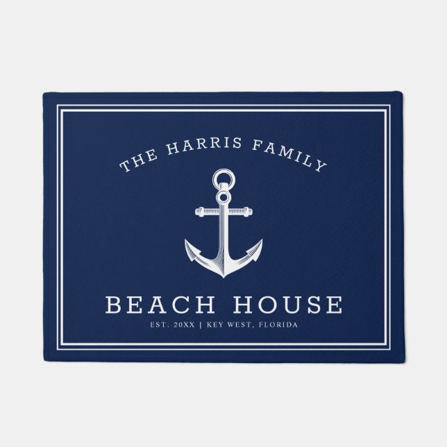 Paillasson Maison de plage Nautical| Welcome Navy et White (Devant)