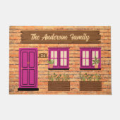 Paillasson Maison en briques avec porte rose Texte personnali (Devant)