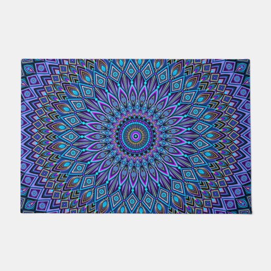 Paillasson Mandala Boho Blue Turquoise violet Peacock Gold Vi (Devant)