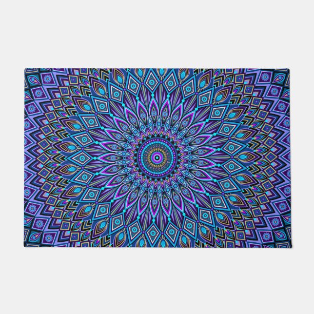 Paillasson Mandala Boho Blue Turquoise violet Peacock Gold Vi (Devant)