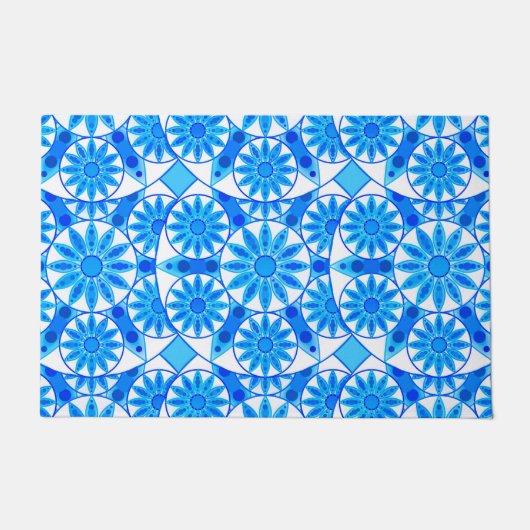 Paillasson Mandala motif, bleu cobalt, turquoise et blanche (Devant)
