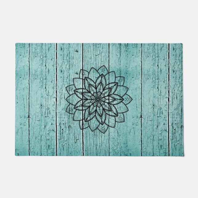 Paillasson Mandala on Blue Aged Wood Doormat (Devant)