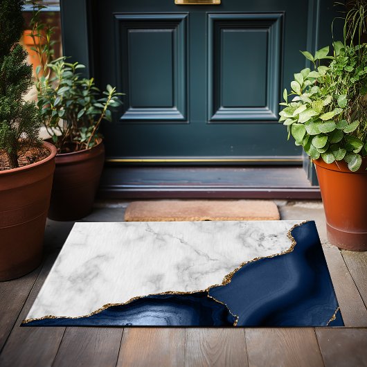 Paillasson Marbre blanc Agate Navy Blue dorée