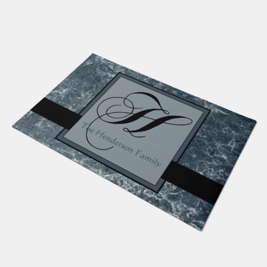 Paillasson Marbre gris bleu Motif Monogramme noir H Ajouter u (Incliné)