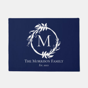 Paillasson Marine moderne Blue White Wreath Nom de famille Mo