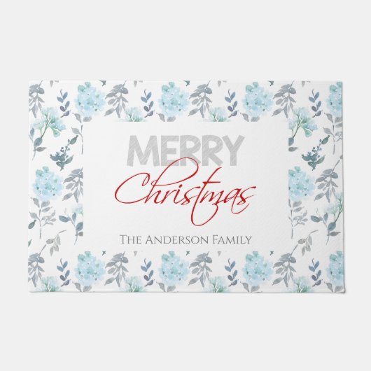 Paillasson Mat de porte bleu-argent et d'aquarelle fleurie (Devant)