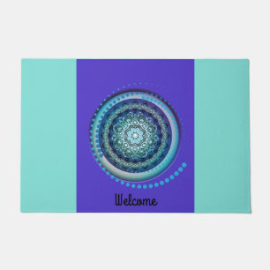 Paillasson Médallion Aqua bleu violet Bienvenue Mat