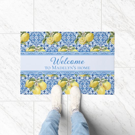 Paillasson Mediterranean Lemon Blue Tile Personalized Welcome (Intérieur)