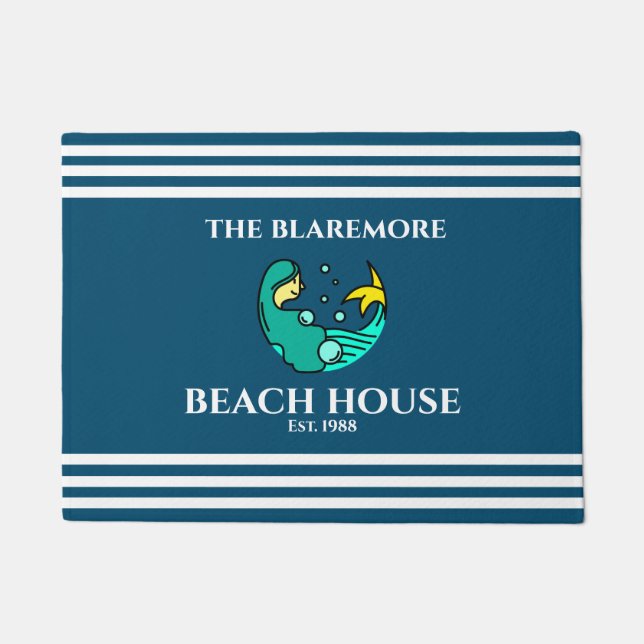 Paillasson Mermaid Ocean Blue Stripes Nom Cute (Devant)