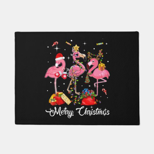 Paillasson Merry Christmas Three Flamingo With Santa Hat (Devant)