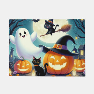 Paillasson Mignonne, citrouille d'Halloween, chat & fantôme