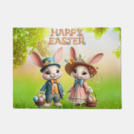 Paillasson Mignonne, Whimsical Joyeuse Pâques avec 2 lapins (Devant)