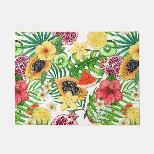 Paillasson Mix-fruit tropical, fleurs et feuilles sur blanc (Devant)