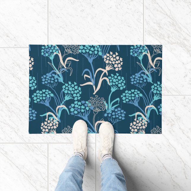 Paillasson Modèle Floral Hydrangea stylisé - Bleu élégant (Intérieur)
