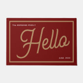 Paillasson Modern Hello Burgundy Gold Script Family Name (Devant)