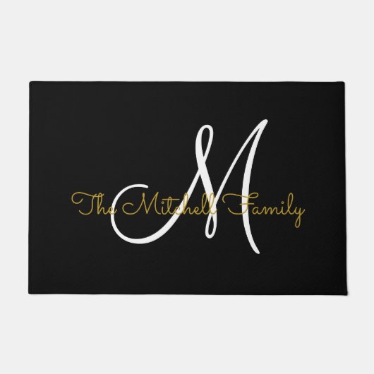 Paillasson Modern Script Gold White Monogramme Nom de famille (Devant)