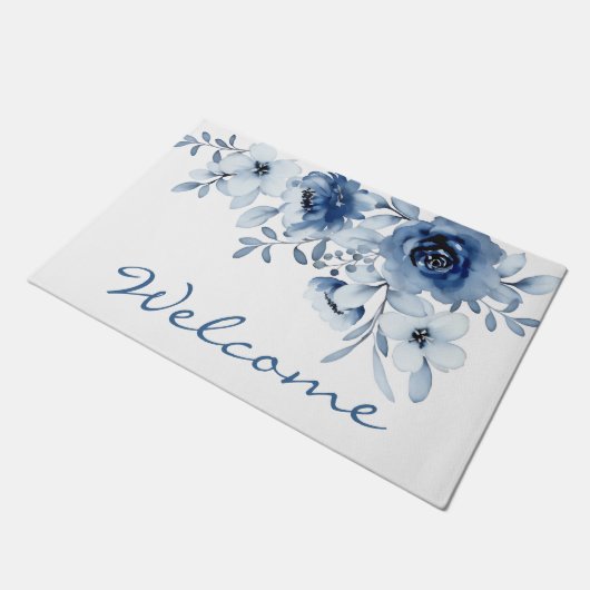 Paillasson Moderne Bleu Rose Floral Verdure Bienvenue (Incliné)