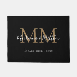 Paillasson Moderne Elegant Noir Or Nouveau Monogramme Nom
