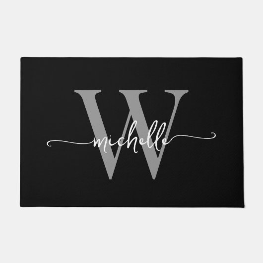 Paillasson Moderne Élégant Nom de Monogramme Gris Noir Script (Devant)