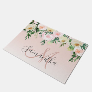 Paillasson Moderne Pastel Rose & Fleurs Avec Nom