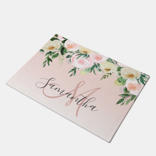 Paillasson Moderne Pastel Rose & Fleurs Avec Nom (Incliné)